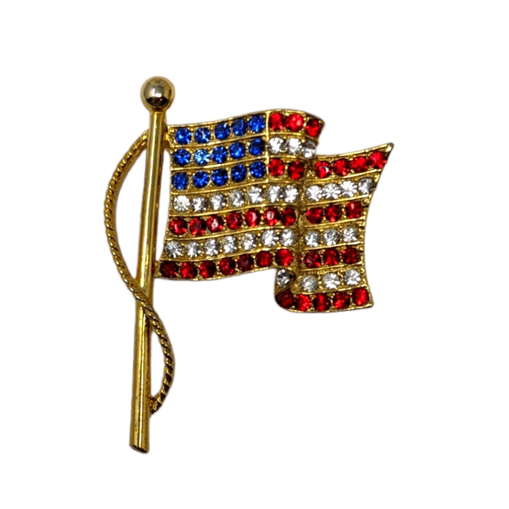 JJ Jonette American Flag Brooch Pin Signed EUC Gold Tone Rhinestones